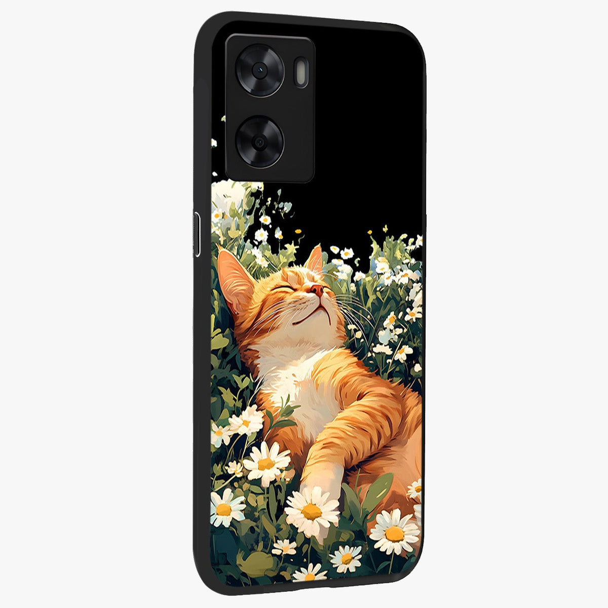 Blissful Bloom Cat Glass Case upright view showcasing charming cat design surrounded by blooming floral elements.