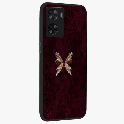 Crimson Fade Butterfly Glass Case upright view showcasing graceful butterfly artwork with soft crimson fade effect.