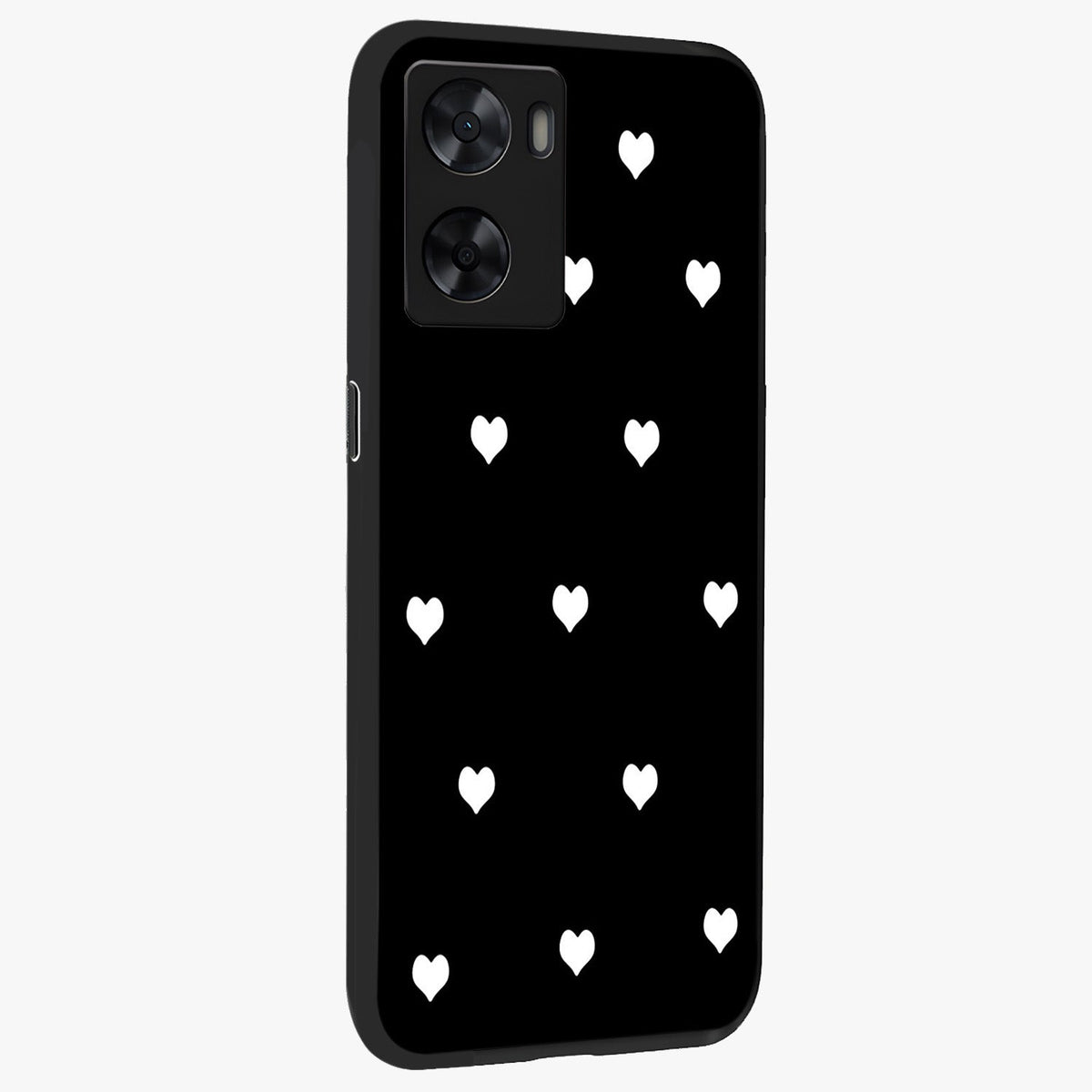 Cute And Simple White Hearts Glass Case upright view showcasing simple white hearts artwork with soft minimal theme.