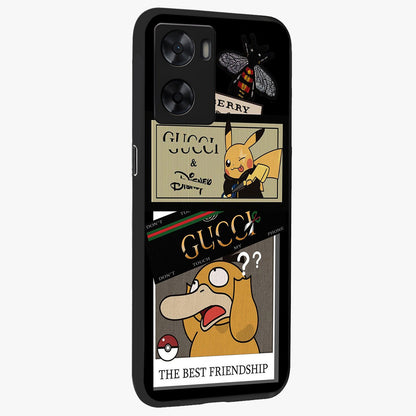 Gucci Play Mashup Glass Case upright view showcasing trendy luxury inspired artwork with modern fashion theme.