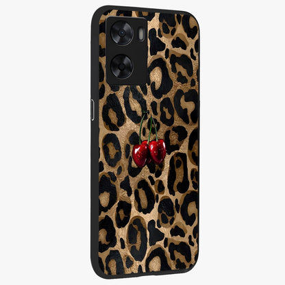 Leopard Wild Cherry Glass Case upright view showcasing stylish leopard pattern artwork with trendy fashion theme.