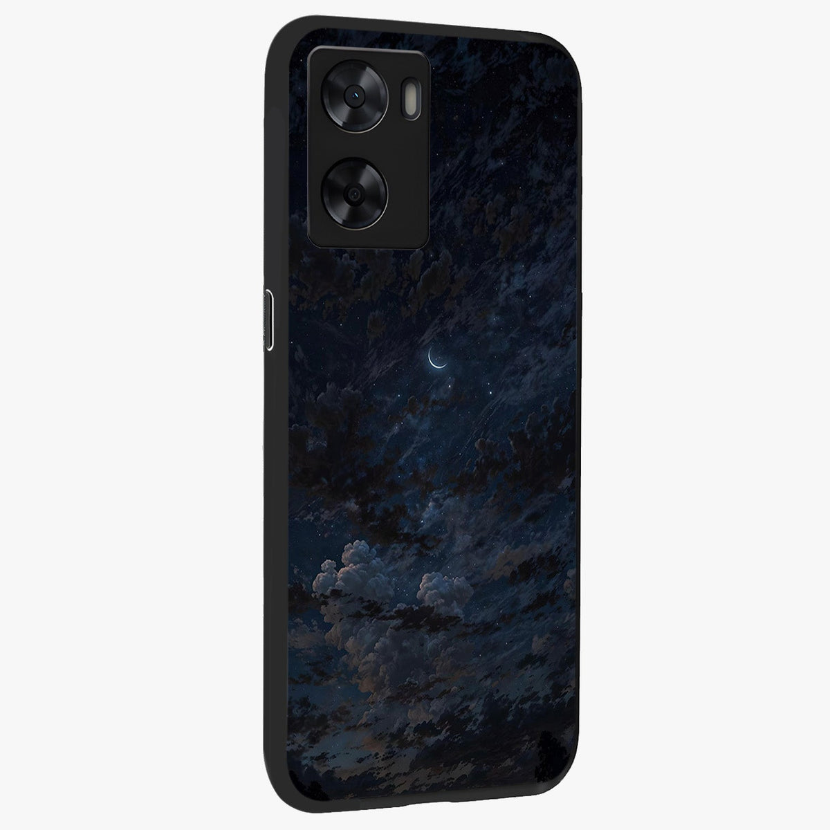 Lunar Veil Silence Glass Case upright view showcasing calm moon themed artwork with serene night atmosphere.