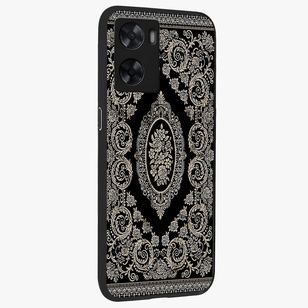 Noir Bloom Elegance Glass Case upright view showcasing graceful floral artwork with luxurious dark theme.