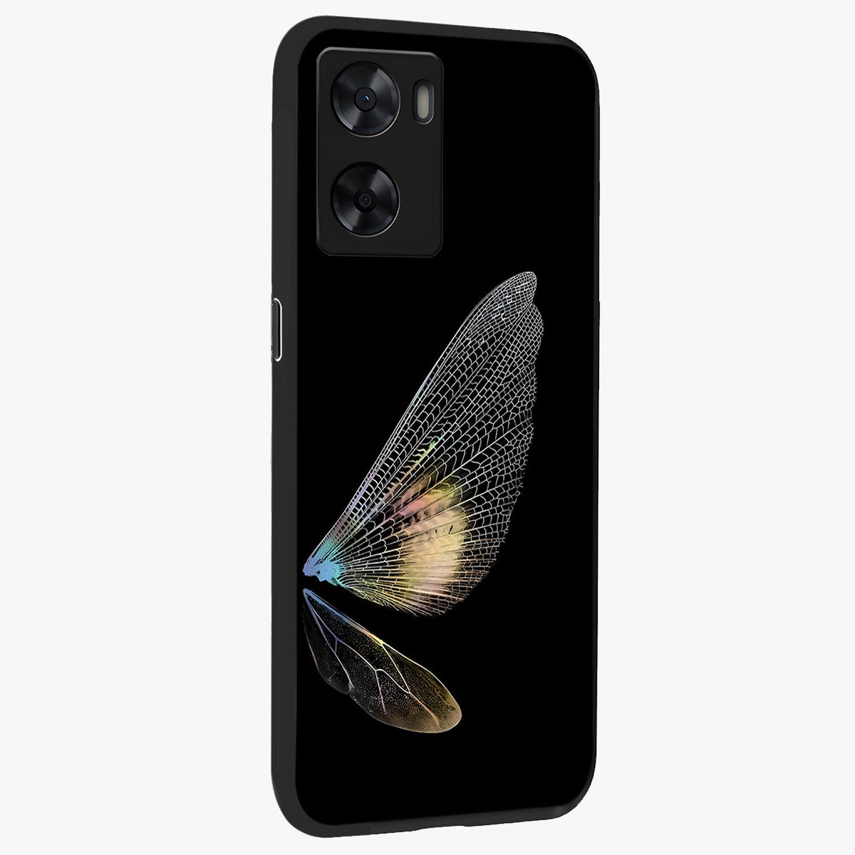 Whispers Of Wings Glass Case upright view showcasing elegant wing artwork with light airy theme.