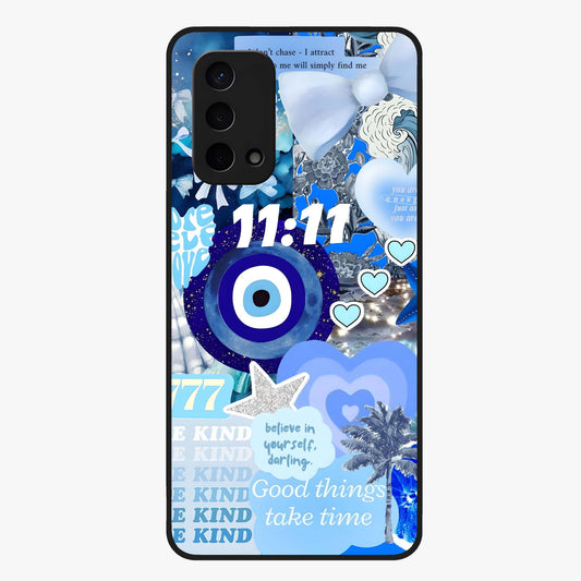 Aesthetic Be Kind Eye Glass Case showing flat back view with motivational eye artwork and glossy glass finish.