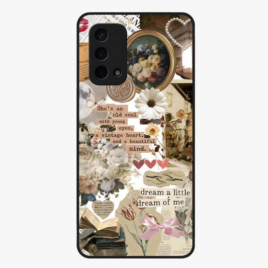 Aesthetic Brown Vintage Collage Glass Case showing flat back view with retro collage artwork and glossy glass finish.