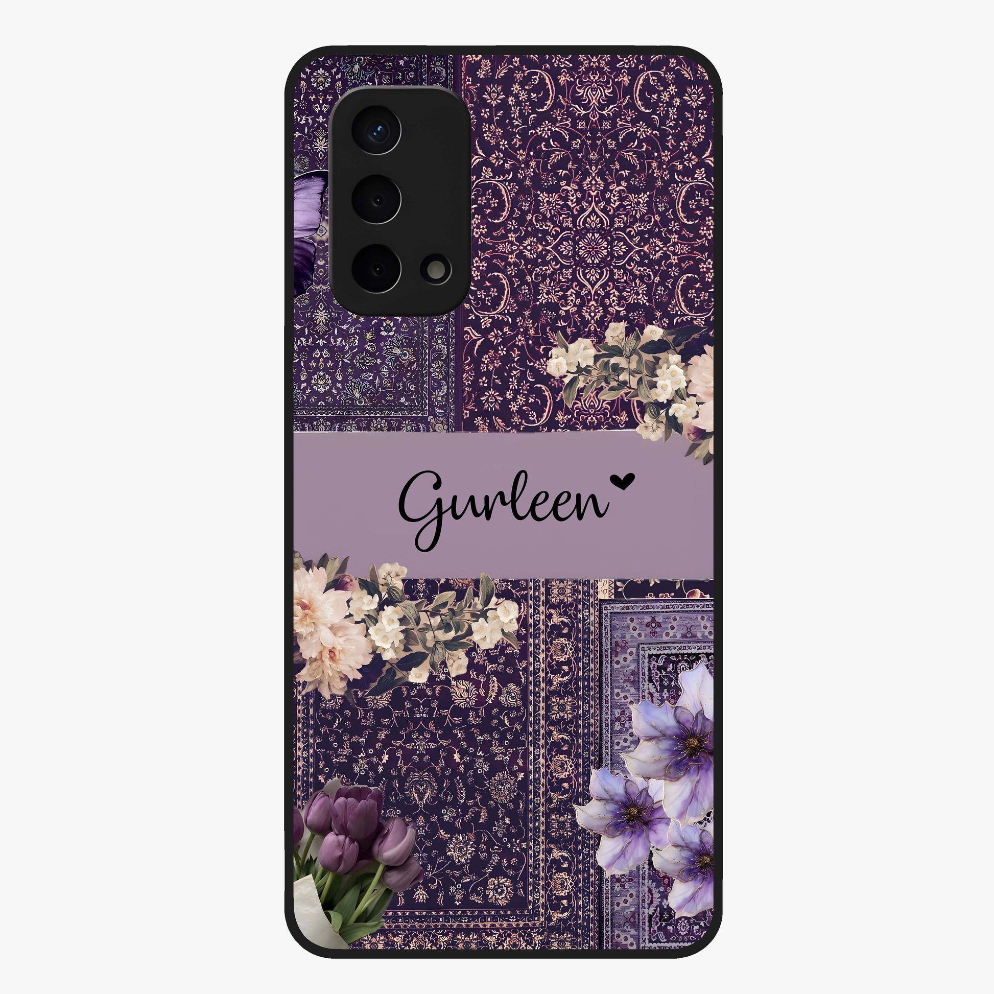 Antique Floral Whisper Custom Name Glass Case showing flat back view with vintage floral artwork and personalized name design.