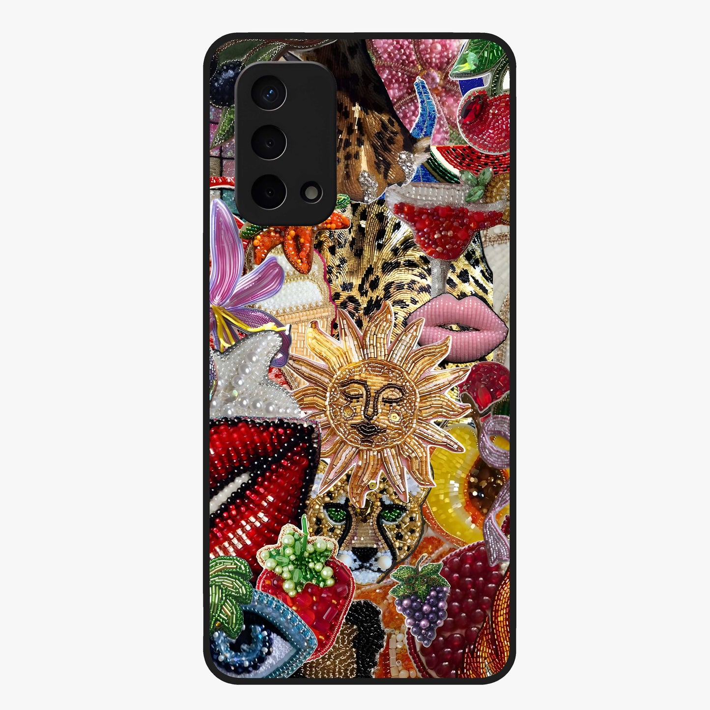 Beaded Fashion Jungle Glass Case showing flat back view with vibrant jungle inspired bead artwork and glossy glass finish.