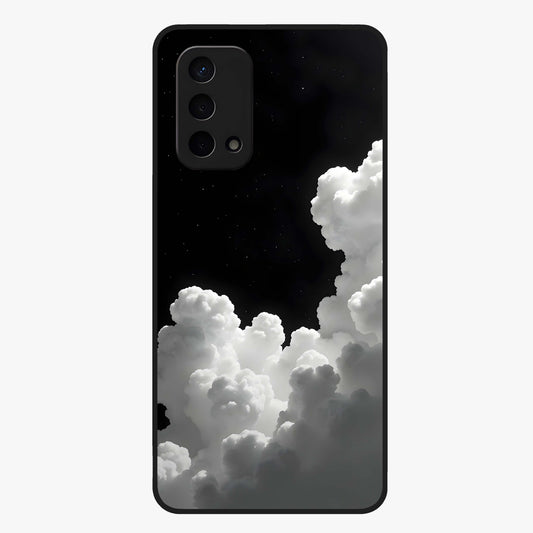 Black Background With White Cloud Glass Case showing flat back view with minimal cloud artwork on dark background and glossy glass finish.