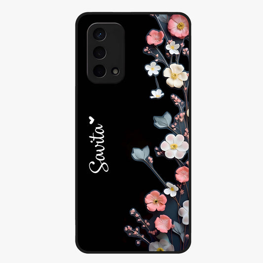 Black Elegance Floral Custom Name Glass Case showing flat back view with elegant floral artwork and personalized name design.