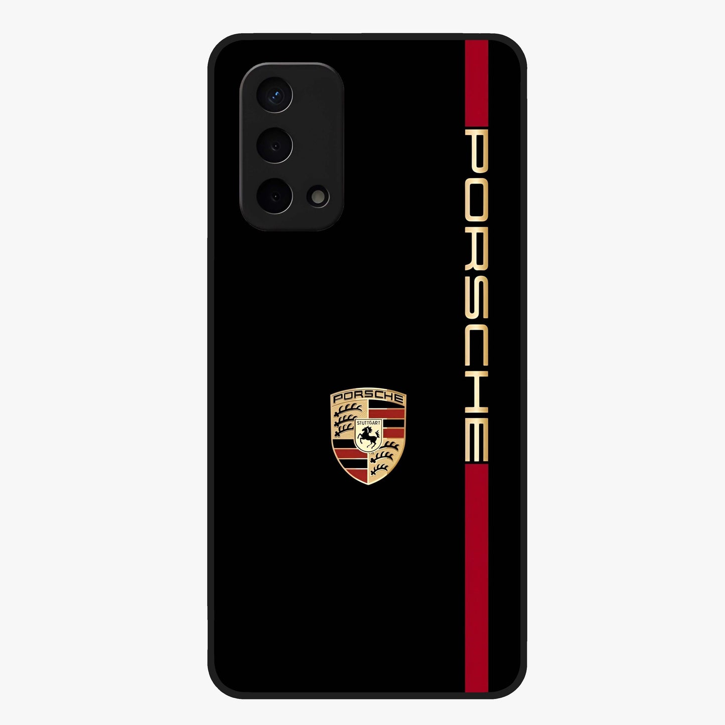 Black Minimal Porsche Glass Case showing flat back view with sleek minimal sports car artwork and glossy glass finish.
