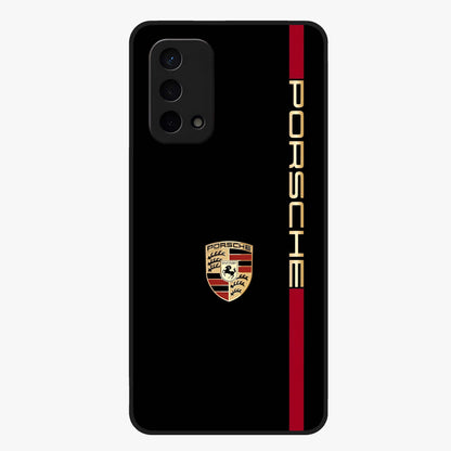 Black Minimal Porsche Glass Case showing flat back view with sleek minimal sports car artwork and glossy glass finish.