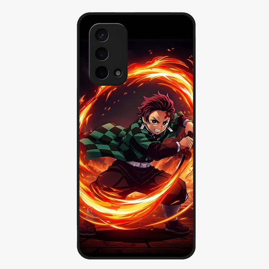 Blazing Sword Resolve Glass Case showing flat back view with fiery sword artwork and glossy glass finish.