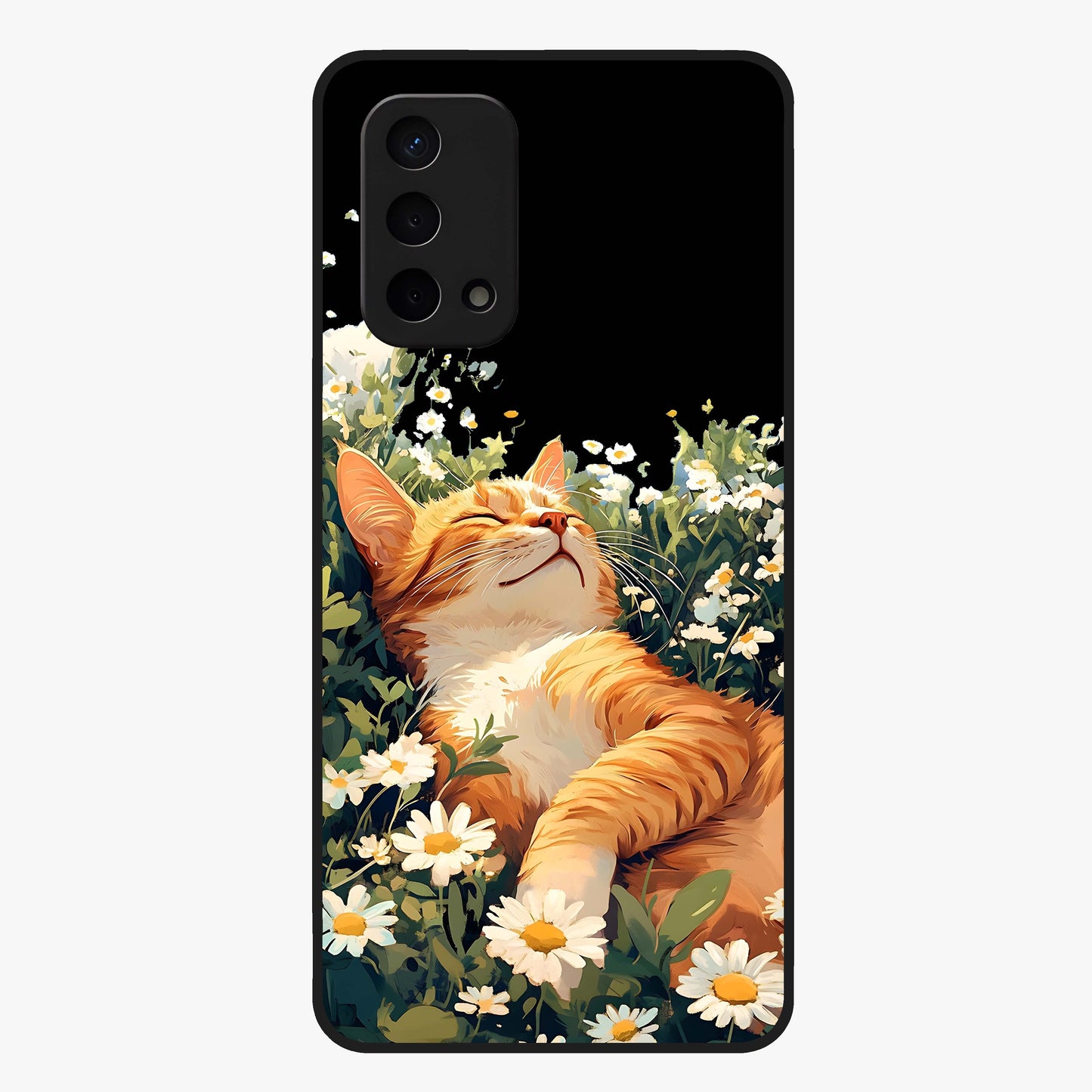 Blissful Bloom Cat Glass Case showing flat back view with cute cat and floral bloom artwork and glossy glass finish.