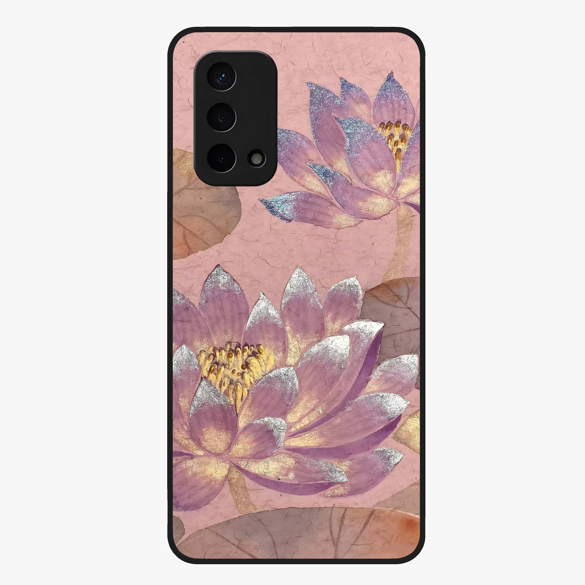 Blossom Mist Lotus Glass Case showing flat back view with serene lotus blossom artwork and glossy glass finish.