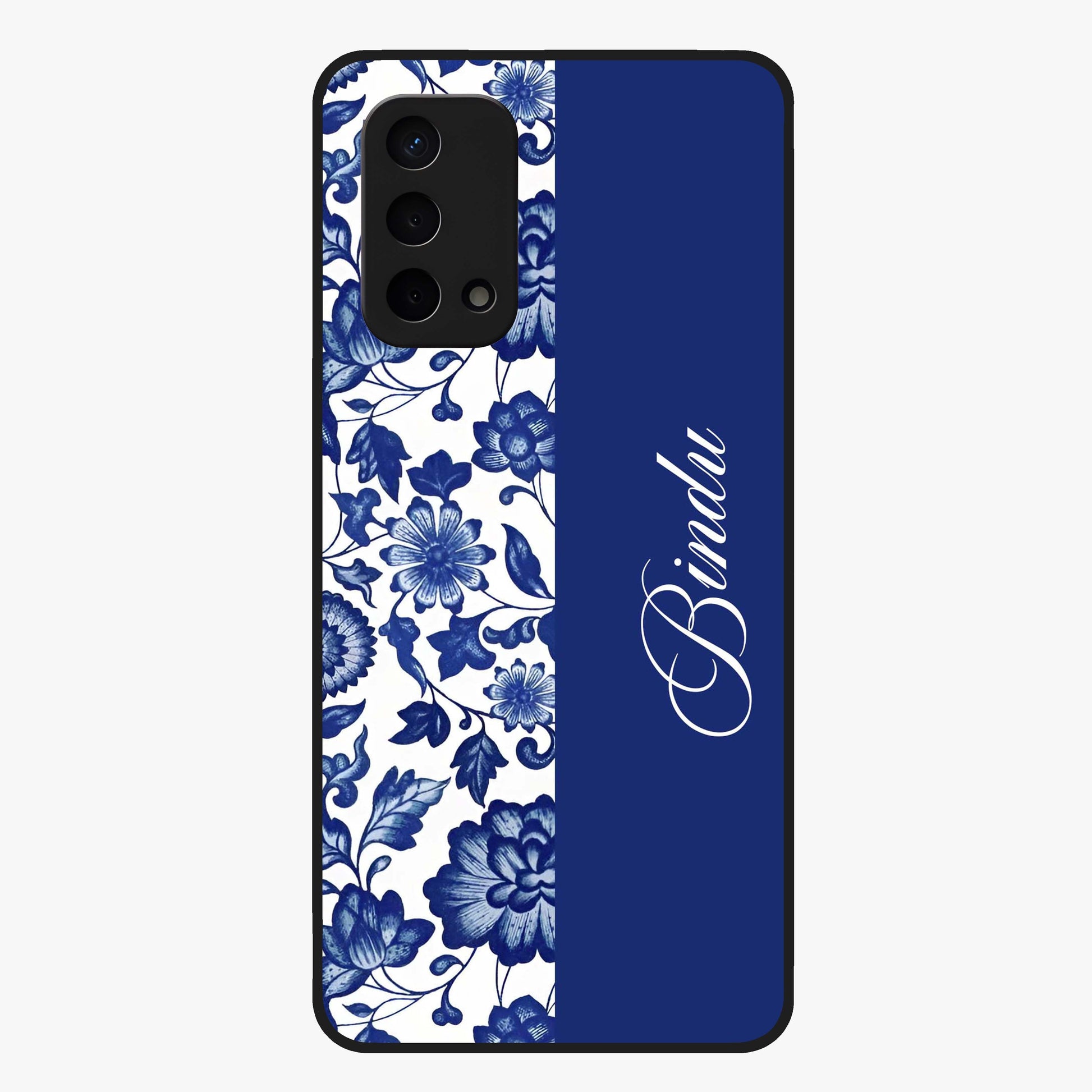 Blue Vintage Floral Pattern Glass Case upright view showcasing timeless floral illustration with vintage inspired style.