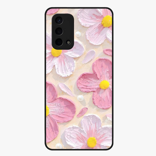 Blush Bloom Texture Glass Case showing flat back view with soft blush floral texture artwork and glossy glass finish.