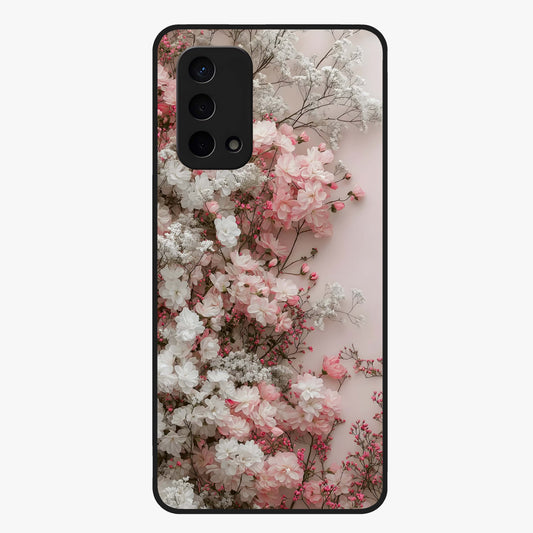 Blush Blossom Cloud Glass Case showing flat back view with dreamy blush cloud blossom artwork and glossy glass finish.