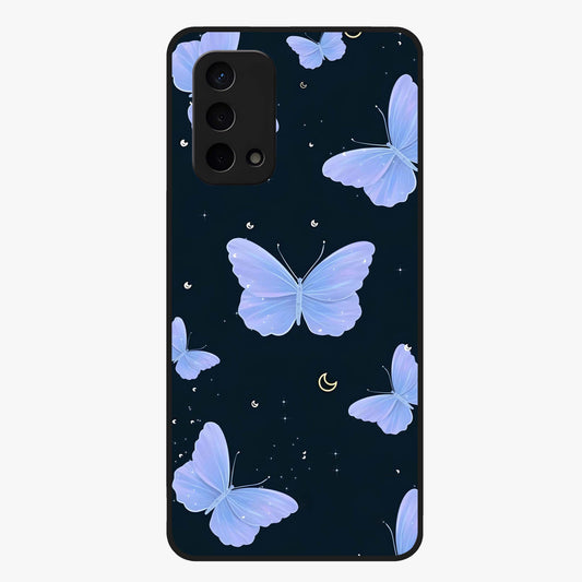 Butterfly With Stars Pattern Glass Case showing flat back view with butterfly and star pattern artwork and glossy glass finish.