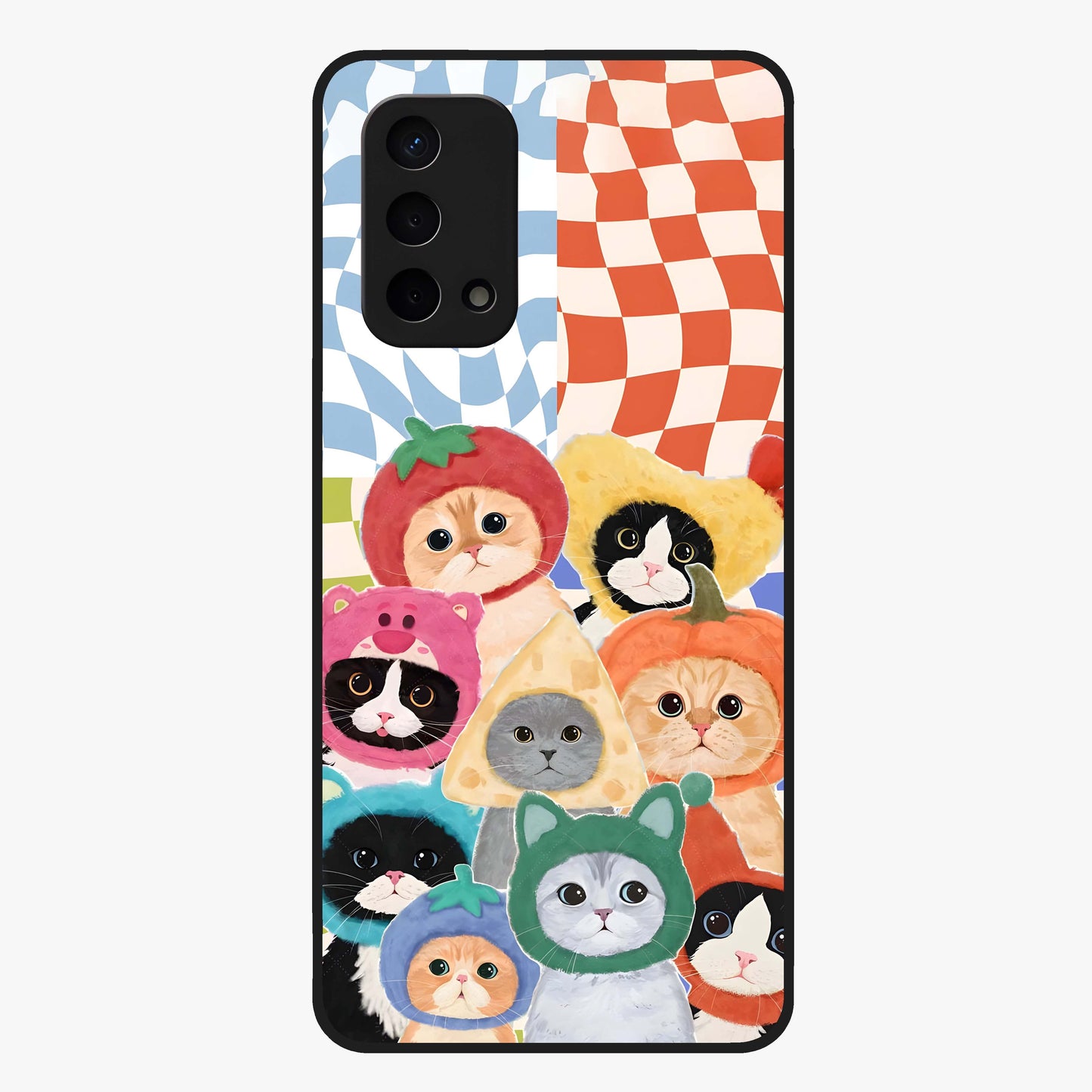 Cats in Fruits Glass Case showing flat back view with playful cat illustrations inside fruit artwork and glossy glass finish.