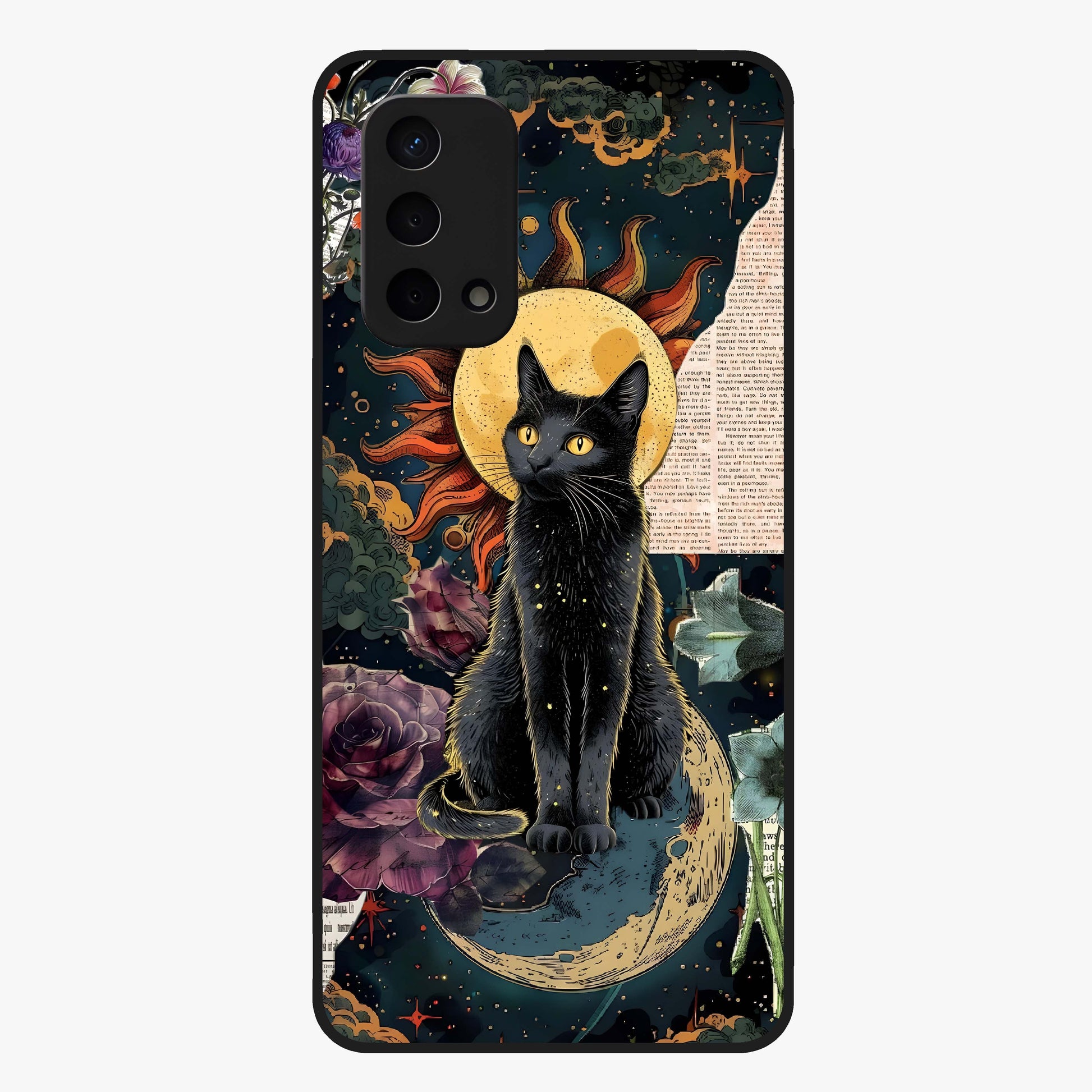 Celestial Black Cat Glass Case showing flat back view with mystical black cat artwork and glossy glass finish.