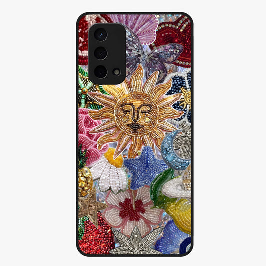 Celestial Floral and Playful Glass Case showing flat back view with floral and celestial themed artwork and glossy glass finish.