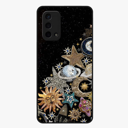 Cosmic Sparkle Dreams Glass Case showing flat back view with sparkling cosmic artwork and glossy glass finish.