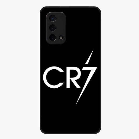 Cr7 Elite Strike Glass Case showing flat back view with dynamic football inspired artwork and glossy glass finish.