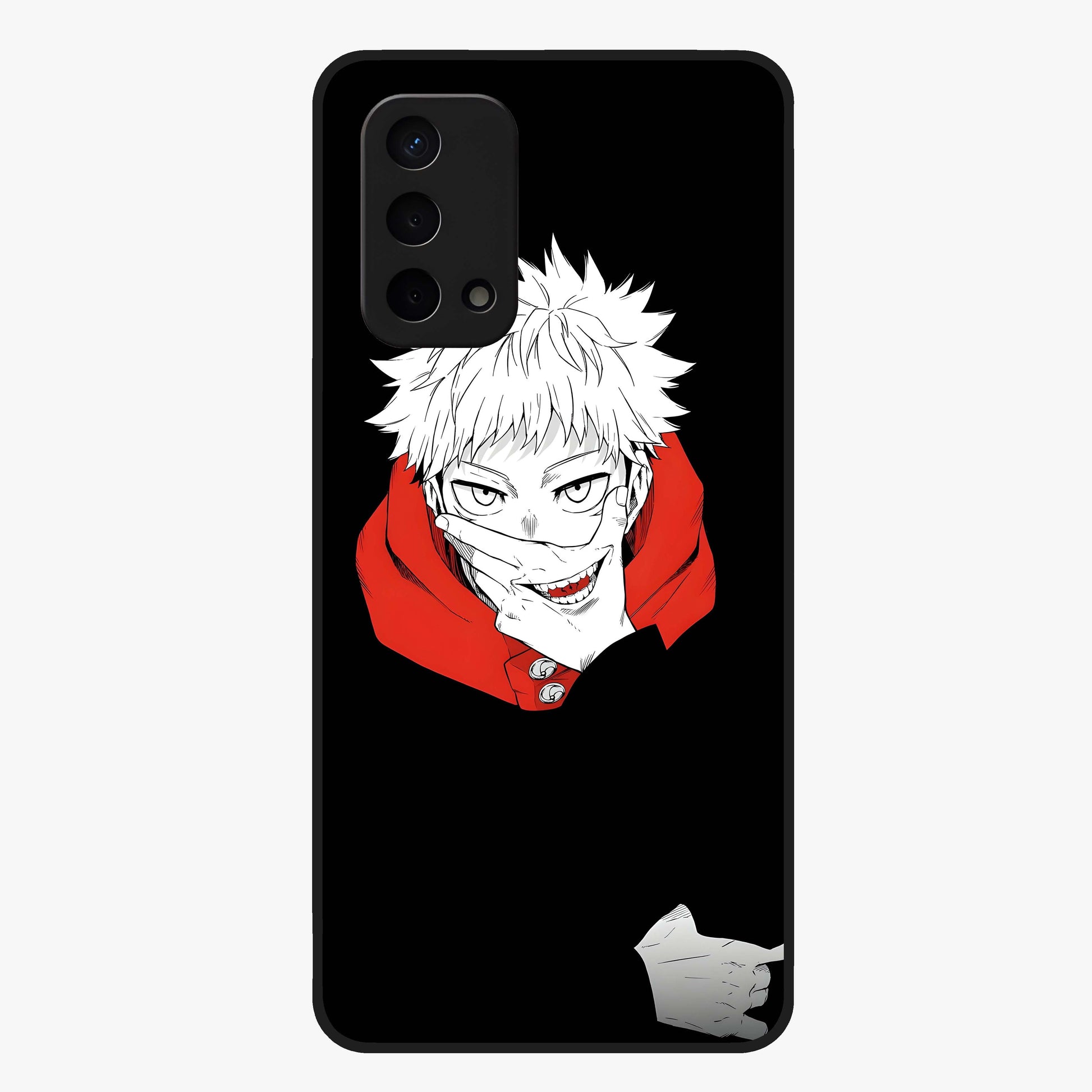 Crimson Chaos Smile Glass Case showing flat back view with bold chaotic smile artwork and glossy glass finish.