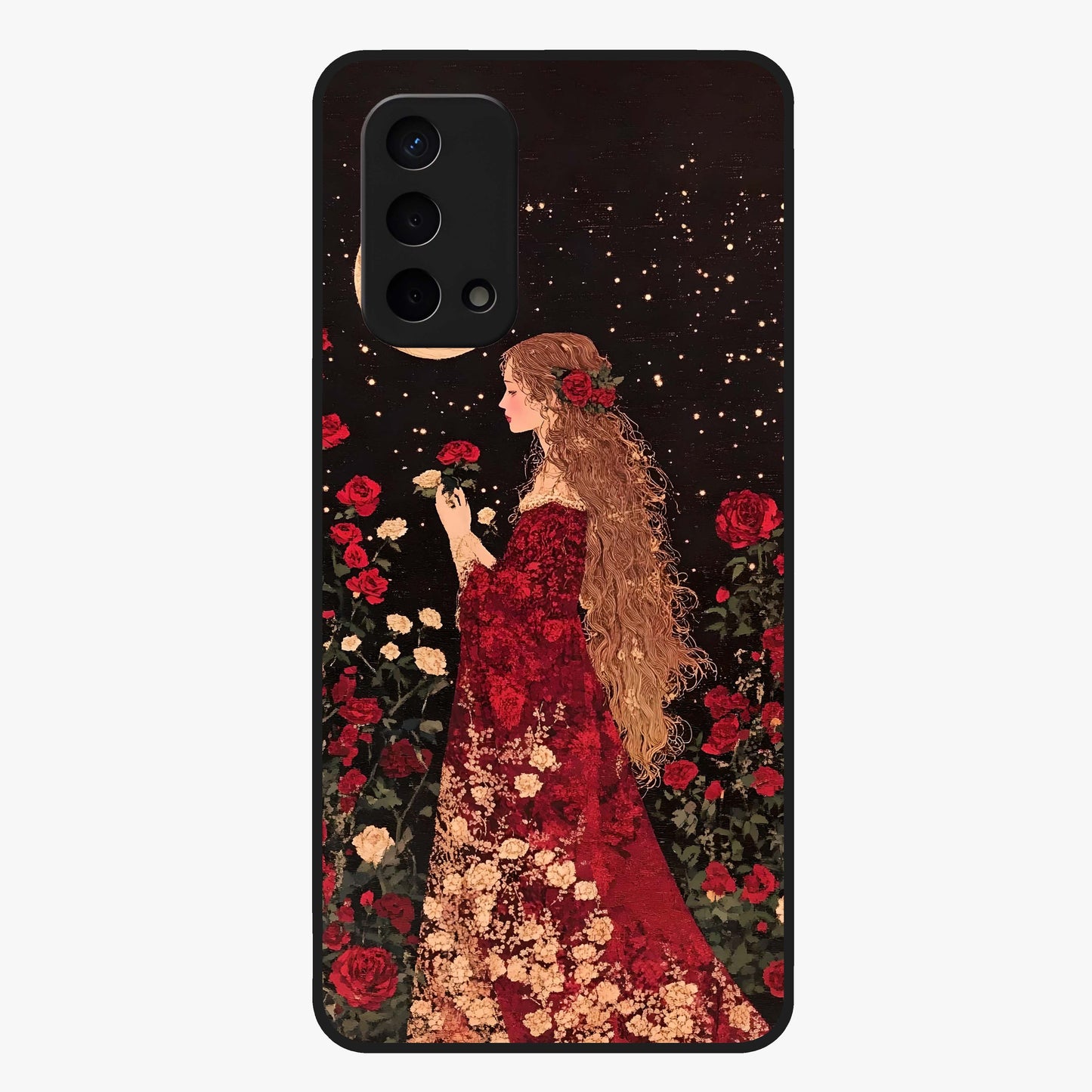 Crimson Dreams Glass Case showing flat back view with dreamy crimson artwork and glossy glass finish.