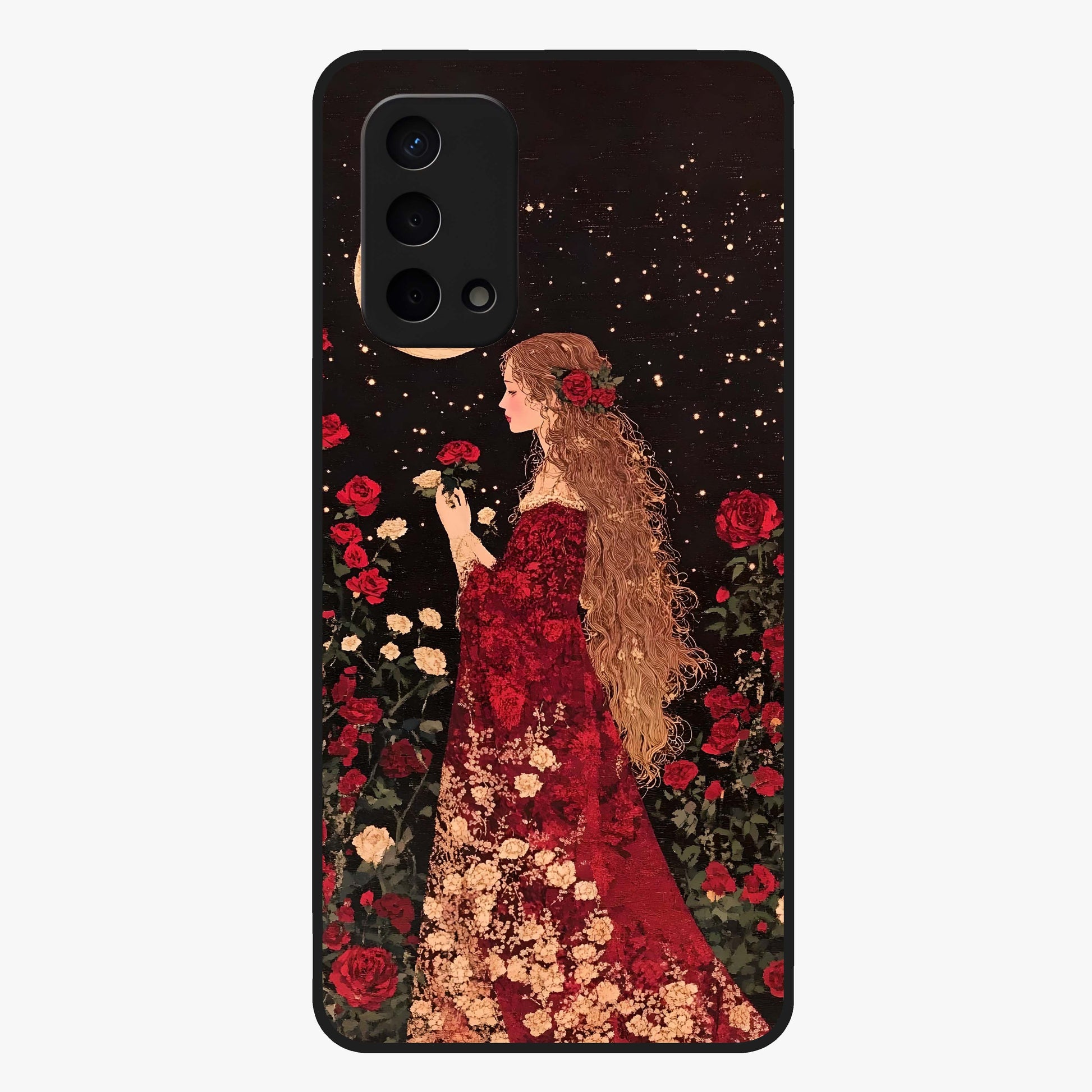 Crimson Dreams Glass Case showing flat back view with dreamy crimson artwork and glossy glass finish.