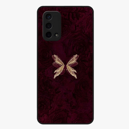Crimson Fade Butterfly Glass Case showing flat back view with fading butterfly artwork and glossy glass finish.