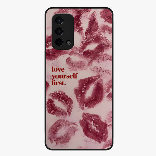 Crimson Kiss Love Glass Case showing flat back view with romantic crimson themed artwork and glossy glass finish.