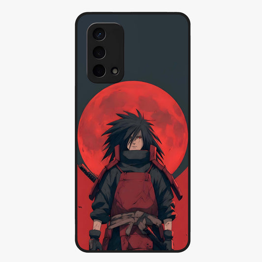 Crimson Moon Warlord Glass Case showing flat back view with mystical moon warrior artwork and glossy glass finish.