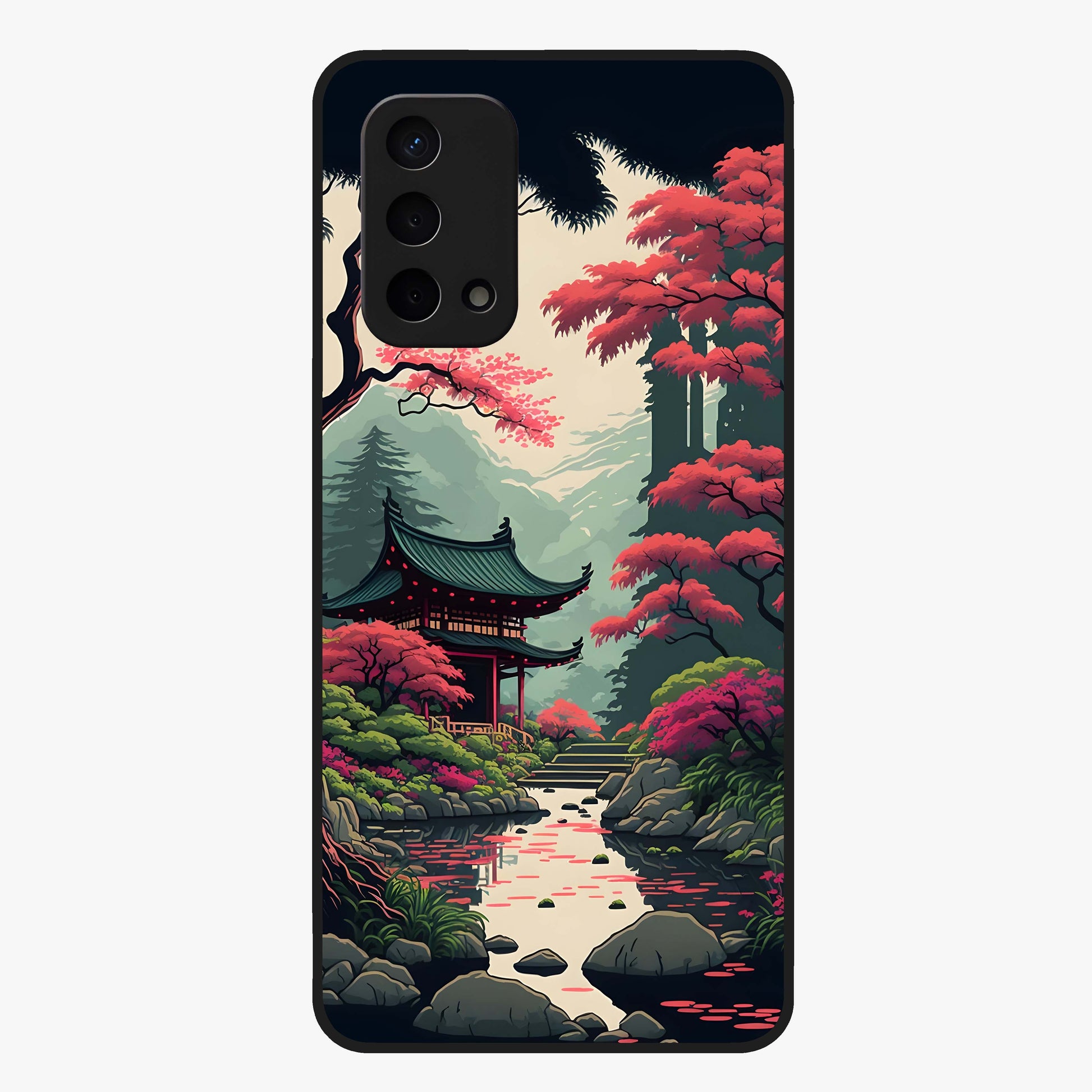 Crimson Temple View Glass Case showing flat back view with temple inspired artwork and glossy glass finish.