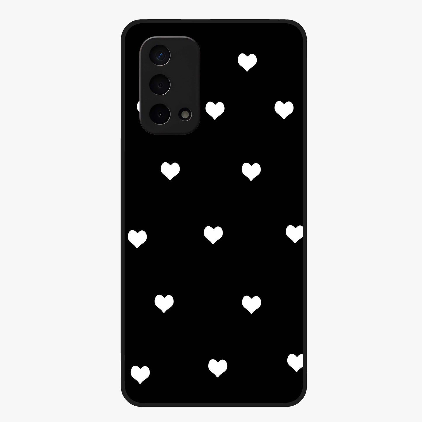 Cute And Simple White Hearts Glass Case showing flat back view with minimal white heart pattern and glossy glass finish.