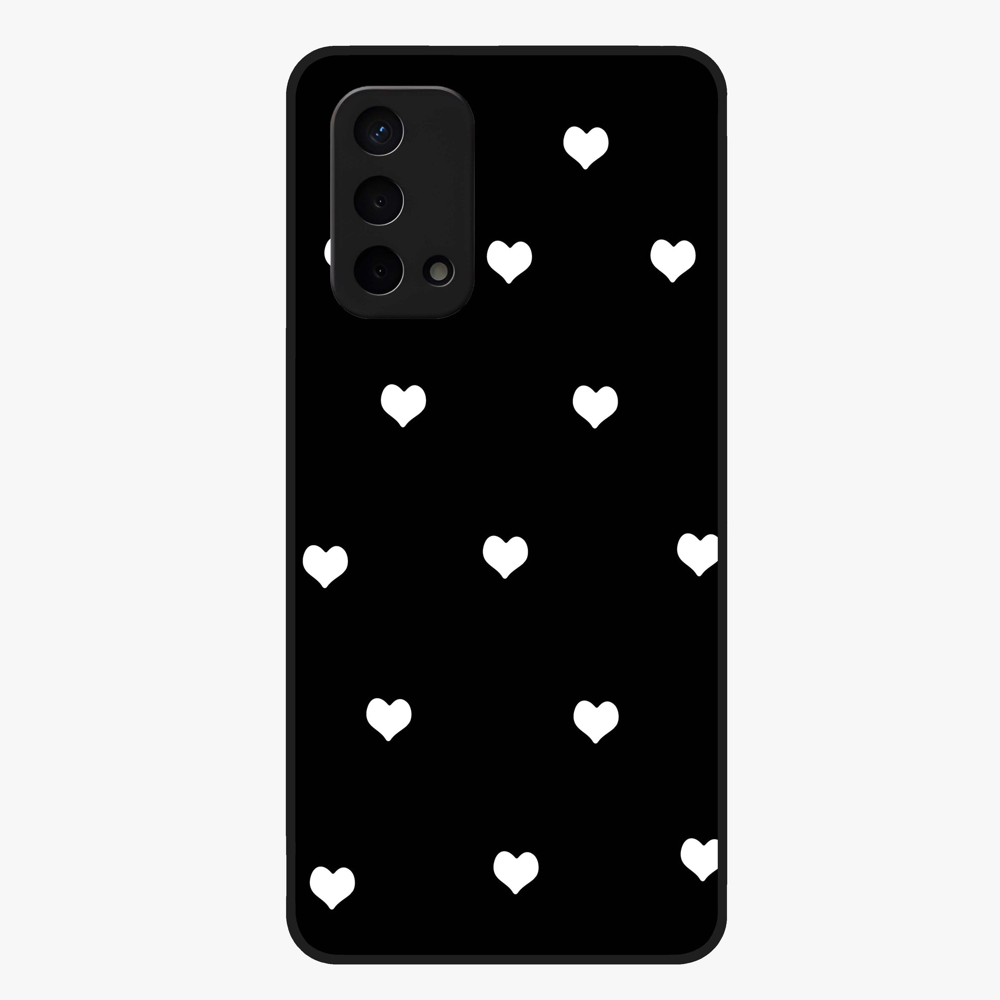 Cute And Simple White Hearts Glass Case showing flat back view with minimal white heart pattern and glossy glass finish.