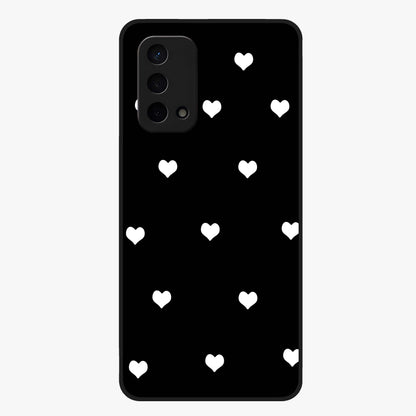 Cute And Simple White Hearts Glass Case showing flat back view with minimal white heart pattern and glossy glass finish.