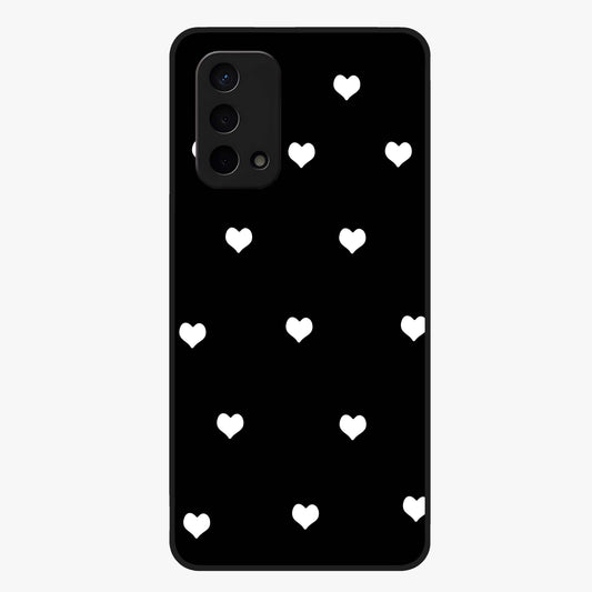 Cute And Simple White Hearts Glass Case showing flat back view with minimal white heart pattern and glossy glass finish.