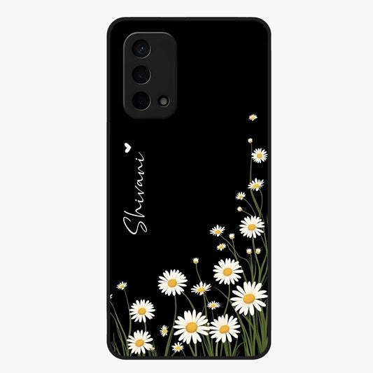 Daisy Cascade Custom Name Glass Case showing flat back view with cascading daisy flowers and personalized name design.