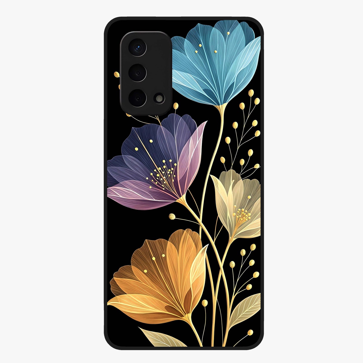 Delicate Multicolor Flowers Glass Case showing flat back view with vibrant floral artwork and glossy glass finish.