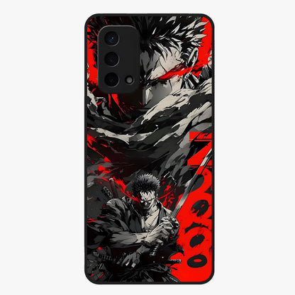 Demon Sword Resolve Glass Case showing flat back view with fierce sword warrior artwork and glossy glass finish.