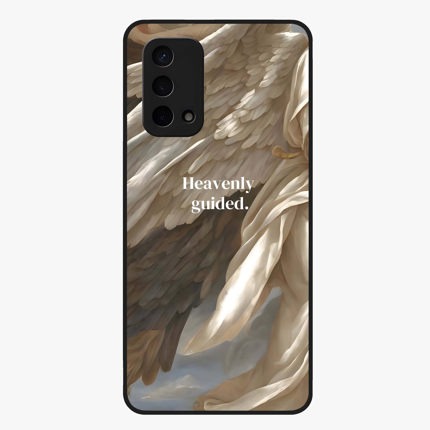 Divine Winged Grace Glass Case showing flat back view with elegant wing inspired artwork and glossy glass finish.