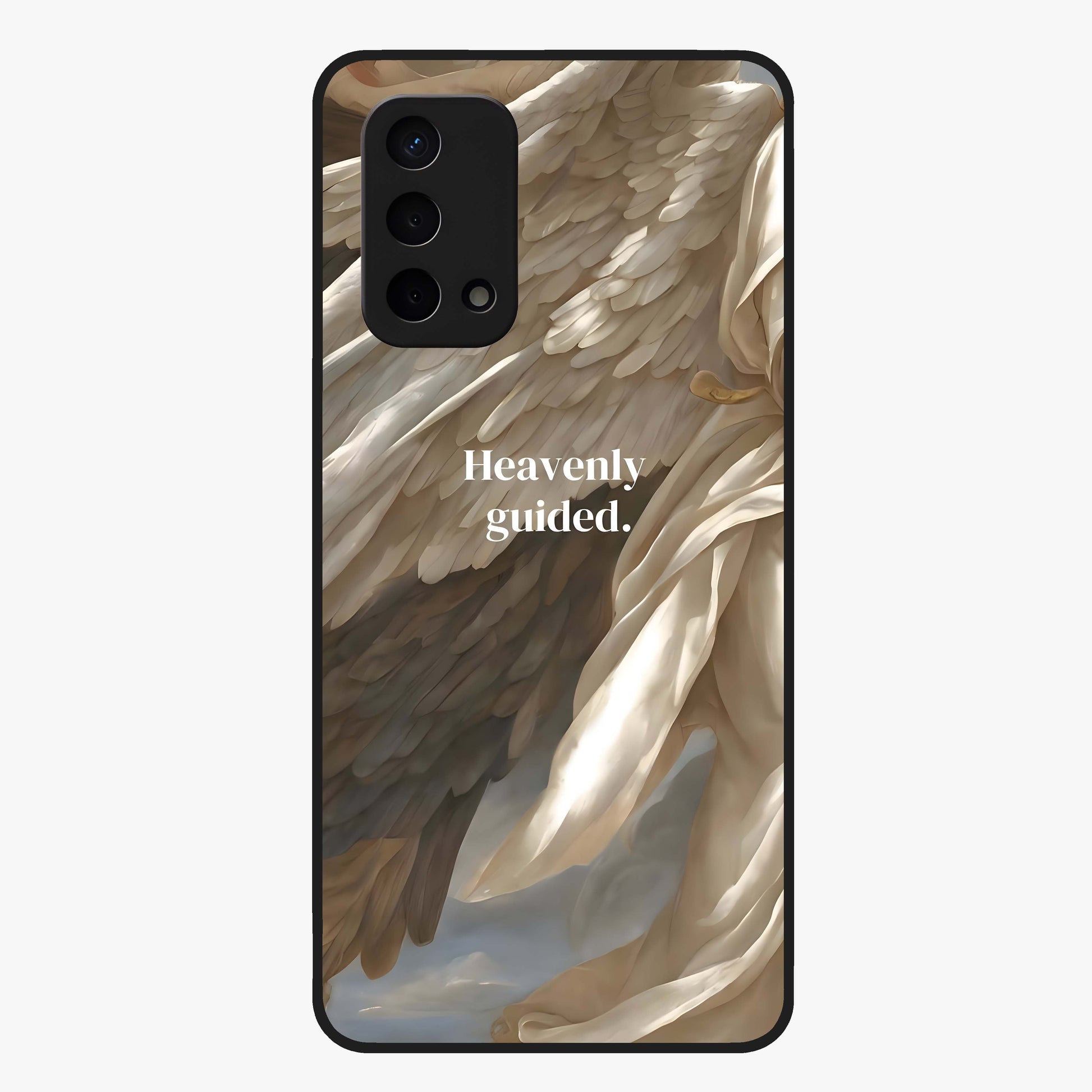 Divine Winged Grace Glass Case showing flat back view with elegant wing inspired artwork and glossy glass finish.