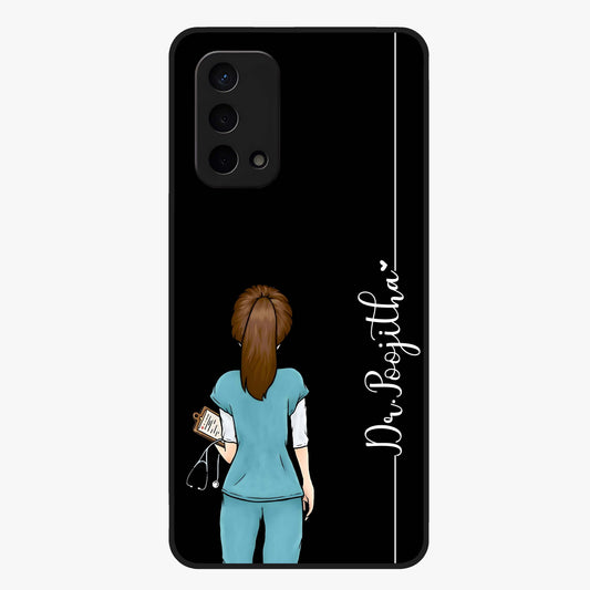 Doctor Pattern Custom Name Glass Case showing flat back view with medical themed pattern and personalized name design.