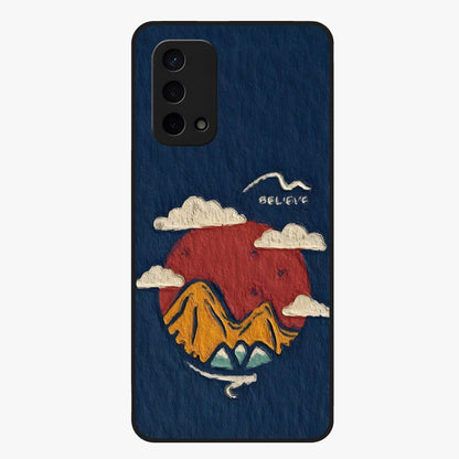 Dream Beyond Mountains Glass Case showing flat back view with scenic mountain landscape artwork and glossy glass finish.