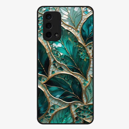 Emerald Leaf Glass Glass Case showing flat back view with emerald green leaf artwork and glossy glass finish.