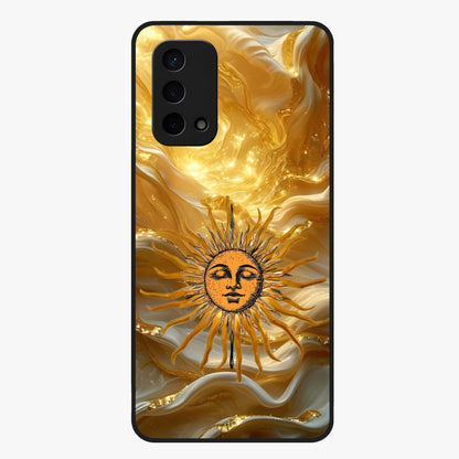 Eternal Golden Glow Glass Case showing flat back view with radiant golden themed artwork and glossy glass finish.