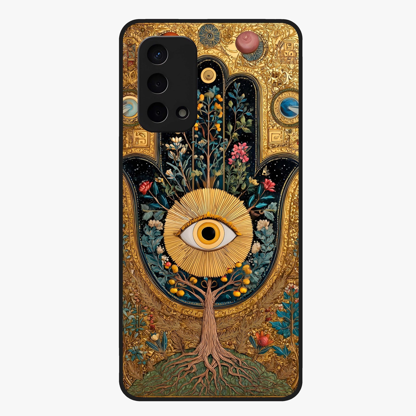 Ethereal Evil Eye Glass Case showing flat back view with mystical evil eye artwork and glossy glass finish.