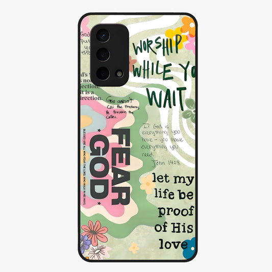 Faith Over Fear Glass Case showing flat back view with motivational typography artwork and glossy glass finish.